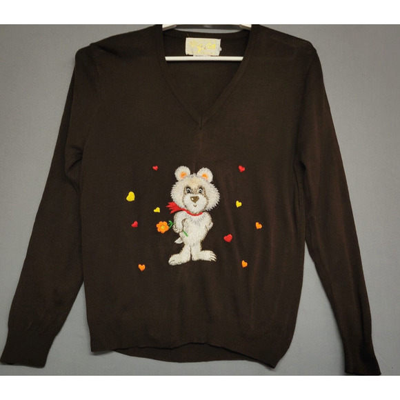 Vintage Di Costa Sweater Womens L Brown Embroidered Bear V-Neck Long Sleeves 70s - Picture 8 of 16
